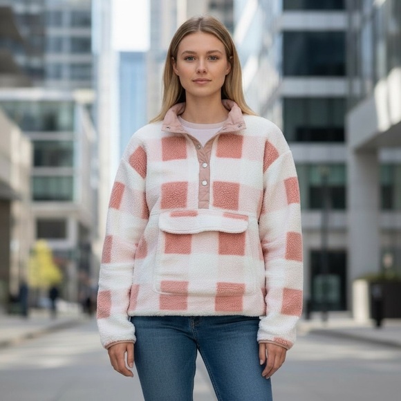 blue b Jackets & Blazers - New blue b White Pink Mauve Checker Teddy Fleece Snap Up Comfy Outdoor Jacket S
